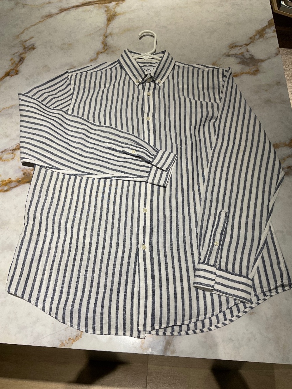 Zara, dark Blue Striped Long Sleeve Button-Down Shirt, No-Tie Style, size L